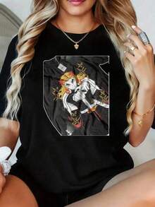 Camiseta de manga corta  con estampado de personaje de anime y guerrero con espada, camiseta casual blanca para mujer con estampado de anime, camiseta de moda urbana, camiseta de manga corta de anime adecuada para fiestas, deportes y otros regalos navideños. - Negro - Ver 8