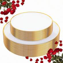 50件套白色镶边餐具，包括7.5英寸和10.25英寸黑金边蛋糕盘以及高档水果沙拉盘，可重复使用且易于清洗。适用于大多数场合，例如婚礼装饰、生日派对、家庭聚会、户外团队建设、学校活动、野餐、烧烤、餐厅和厨房派对装饰。 - 乳白色 - 查看 1