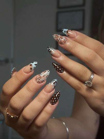 24pcs Almond Shaped Press On Fake Nails Colorful Nail Blue And Brown Polka Dot Acrylic French Fake Nails