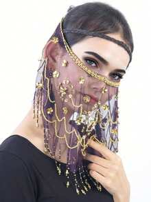 Belly Dance Sequin Decorated Veil And Coin Tassel Waist Accessories Set, For Stage Performance, Party, Dance - Multicolor - View 29