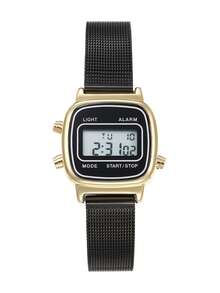 Reloj digital cuadrado dorado para mujer, con correa de malla de acero inoxidable negro, reloj electrónico retro lindo con luz para la escuela y uso diario - mirar - Ver 9