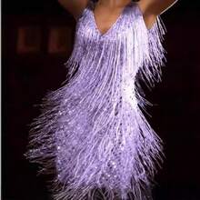 1PC Sexy Hot Girl Backless Tassel Pencil Dress Tassel Gown Dress Women'S INS - Màu tím - Xem 8