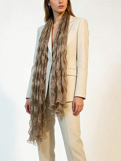 1条纯色褶皱奢华时尚围巾，女士通勤波浪边头巾，透气防紫外线弹性沙滩披肩，优雅蓬松轻薄围巾，适合日常佩戴