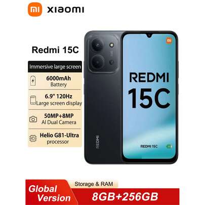 Xiaomi Redmi 15C 8+256G 智能手机全球版，6.9 英寸水滴屏，6000mAh 大容量电池，支持 33W 快充，搭载 Helio G81 Ultra 处理器，配备清晰的 50MP AI 双摄像头。