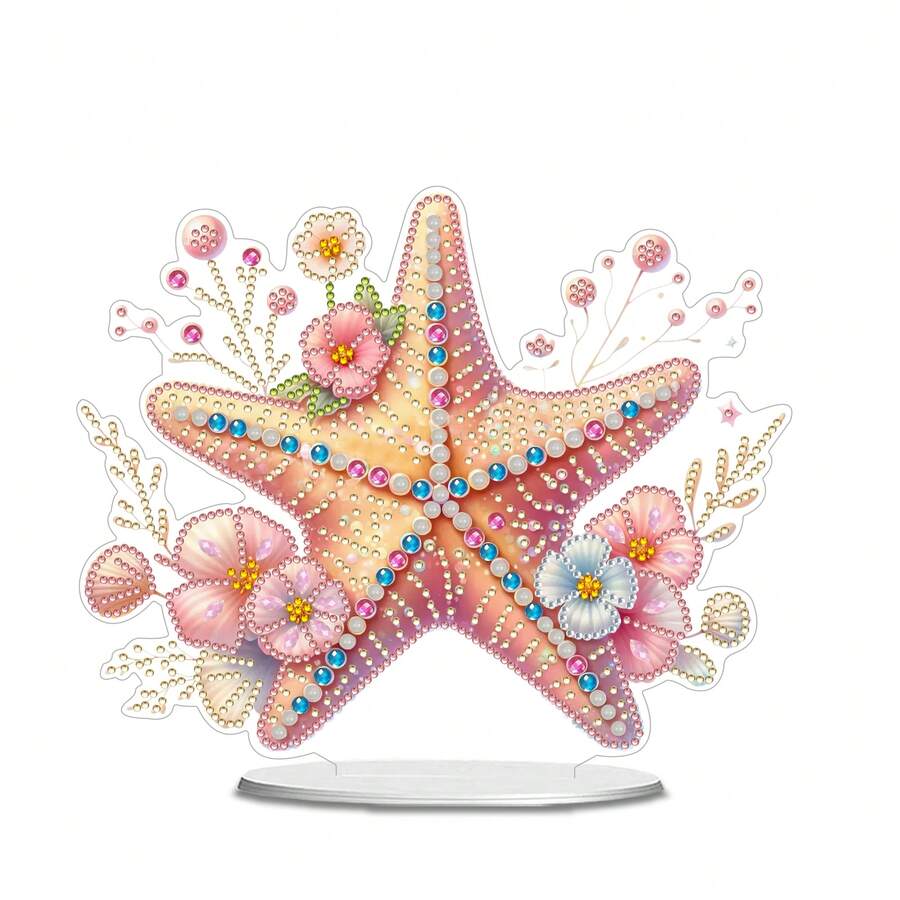 1pc 5D DIY Diamond Painting Decor, Gradient Pink-Orange Starfish & Floral Design, Diamond Art Mosaic Ornament, Suitable For Home Decor, Garden, Living Room, Desk, Great Gift For Friends Birthday And Holidays