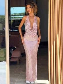 优雅性感针织露背深V领无袖派对连衣裙 春季 - 粉色 - 查看 1