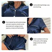 Summer Silk Satin Women Set Button Down Top & Shorts 2 Pieces Sleepwear Notched Collar Nightwear Loungewear Women - 黑色 - 查看 6