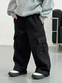 4-7 Years Old Boys' Lightweight Casual Cargo Pants, Loose Fit Multi-Pocket Straight Leg Trousers, Spring/Summer - Black - View 4