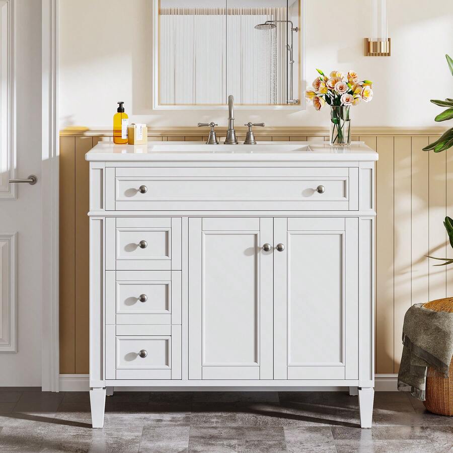 LITTLE TREE 36" Bathroom Vanity With Sink, Modern Freestanding Bathroom Sink Cabinet With 4 Drawers & 2 Doors, Bath Storage Vanity Sink With Metal Handles, Solid Wood Frame, Paint Surface White - 白色的 - 查看 1