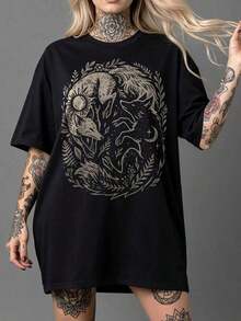 2026 Women's New Fox Yin Yang Witch Forest Dark Academia Style Natural Aesthetic Round Neck T-Shirt Casual Black - 黑色 - 查看 6