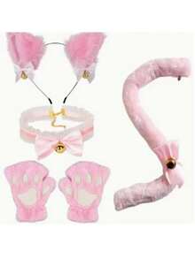 Cat Cosplay Costume - 2/3/4 Pcs Cat Ears Tail Set With Collar, Paws And Gloves, Cat Cosplay Costume Accessories, Kitten Ears, Collar, Tail, Paws Or Women Girls Halloween Dress Up - A - View 14