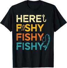 Fishing Here Fishy Retro Fish Lover Fisherman Men Women T-Shirt - Negro - Ver 1