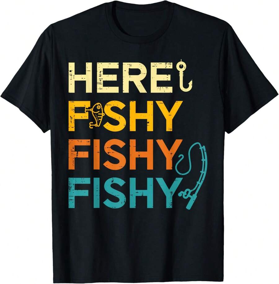 Fishing Here Fishy Retro Fish Lover Fisherman Men Women T-Shirt - Negro - Ver 1