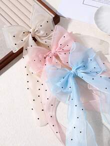 1pc Girls' Sweet Polka Dot Mesh Bow Ribbon Hair Clip, Versatile Daily Wear - Multicolor - View 2