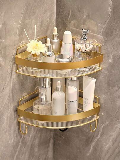 Bathroom Corner Shelf, Double-Layer Wall Corner Storage Rack With Hooks, Bathroom Supplies Storage Rack, Hole-Free Bathroom Toilet Shower Corner Rack, Bathroom Shelf, No-Drill Adhesive Wall Rack