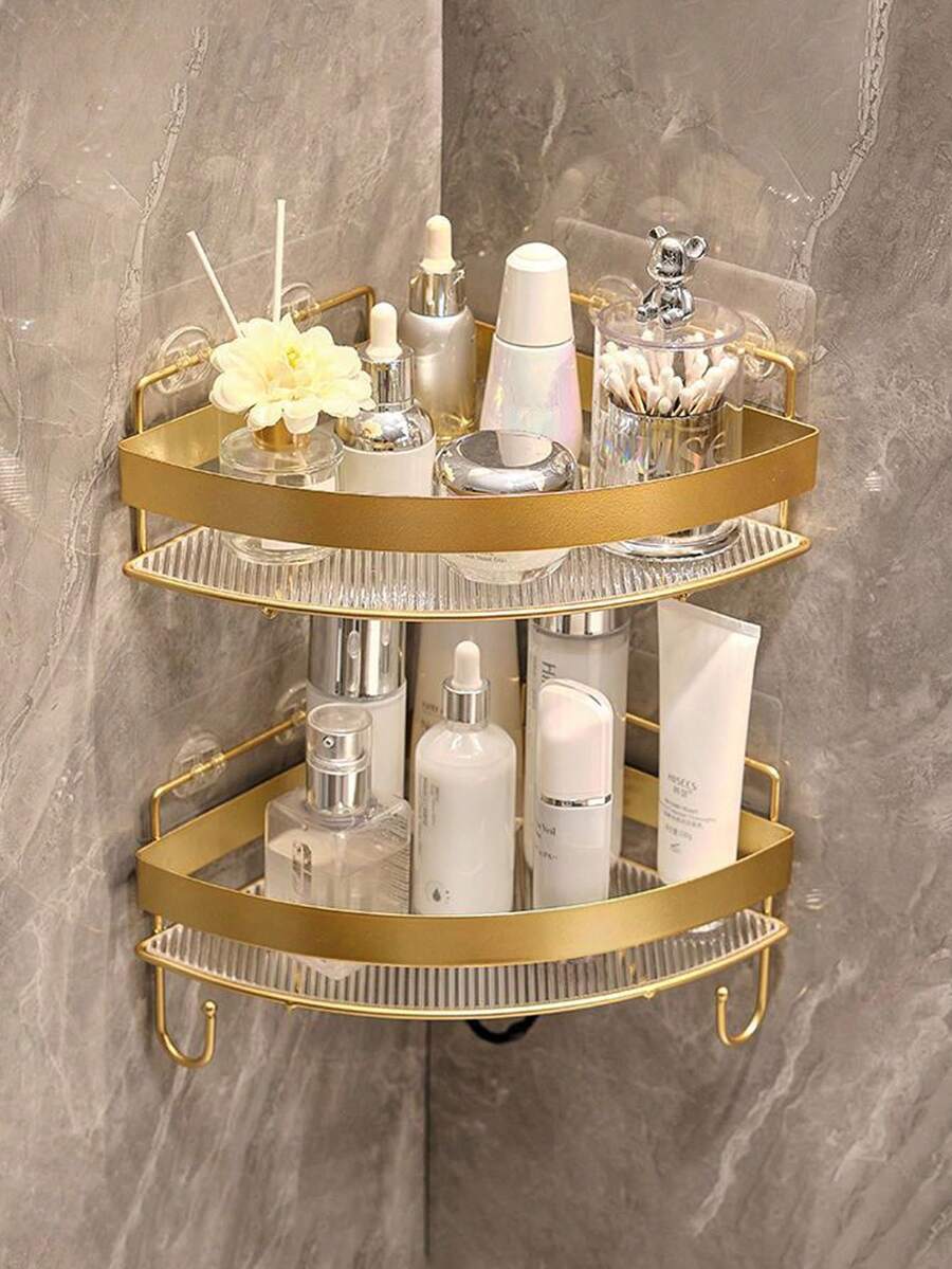 Kệ góc phòng tắm, kệ đựng đồ góc tường hai tầng có móc, kệ đựng đồ dùng phòng tắm, kệ góc phòng tắm không cần khoan, kệ phòng tắm, kệ dán tường không cần khoan. - Vàng - Xem 1