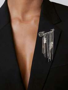 1pc Casual Fashion Chain Tassel Brooch/Lapel Pin/Clip, Suitable For Daily Matching On Pants, Skirts, Shirts, Jackets, Bags, Jewelry. (The Handmade Chain Is Cut According To Size, The Number And Position Of Beads On The Chain Are Not Fixed, Subject To The Actual Item) - Silver - View 5