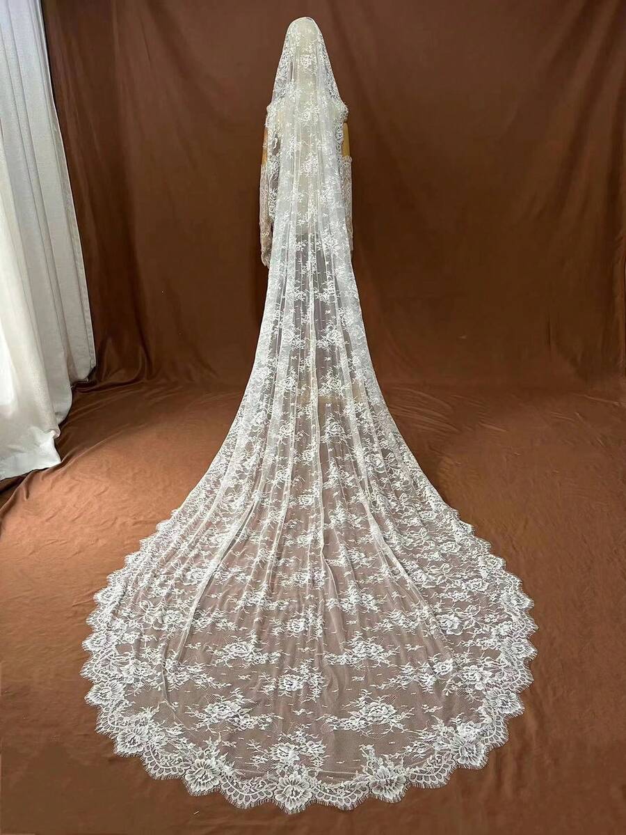 1pc Elegant French Lace Long Soft Bridal Veil With Comb, Vintage Wedding Accessory, Ivory - Ivory - View 1