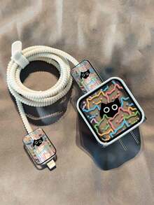 5pcs White Line Cat TPU Data Cable Protector Case, Suitable Compatible With Apple 20W/18W Fast Charger Adapter - White - View 5