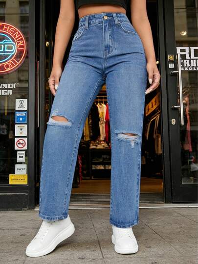 Jeans casuales de mujer de pierna recta, sueltos, desgastados y con bolsillos, Pantalones vaqueros diarios simples unicolor para mujer, estilo urbano, lavables a máquina, longitud larga, para usar en las cuatro estaciones.