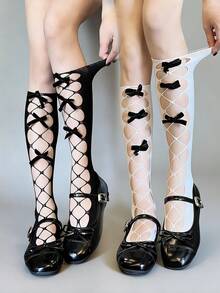 1 Pair Grey Butterfly Hollow Pearl Mid-Calf Mesh Socks, Women's Y2K Baddie Lolita Ripped Leg Warmers Ankle Socks, Versatile For Summer - Multicolor - View 7