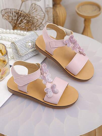 1 Pair Of Fresh Princess-Style Pink Sandals With 3D Glitter Butterfly Decoration, Breathable Open-Toe, Suitable For Spring And Summer, School And Commuting, Holiday Parties, Birthday Gifts