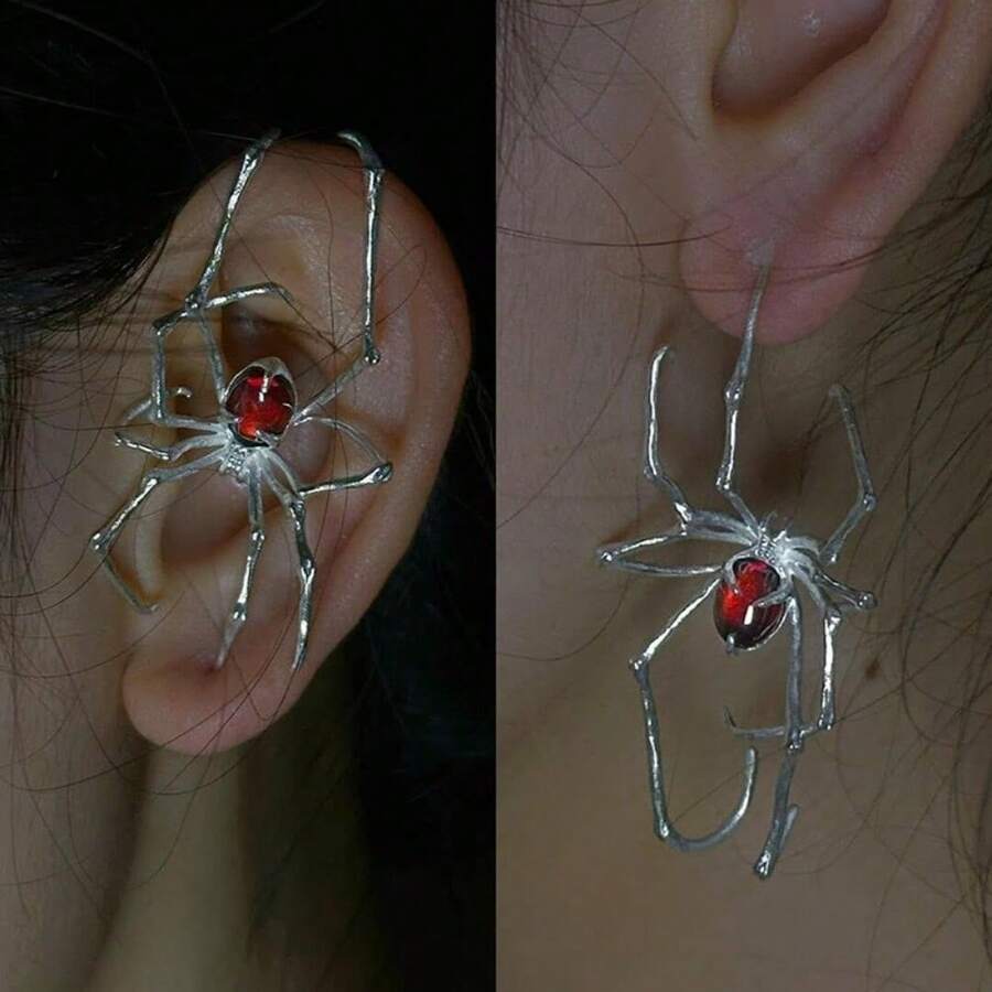 1PC Spider Ear Piercing Bone Clip Dark Gothic Chic Edgy Punk Earrings Accessory - 紅色 - 查看 1