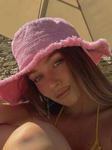 1 pieza Sombrero de cubo con cordón ajustable para mujer, diseño deshilachado, tela suave, protección solar y contra el viento, de moda, adecuado para viajes, playa, mar, ocio y uso diario - Multicolor - Ver 6