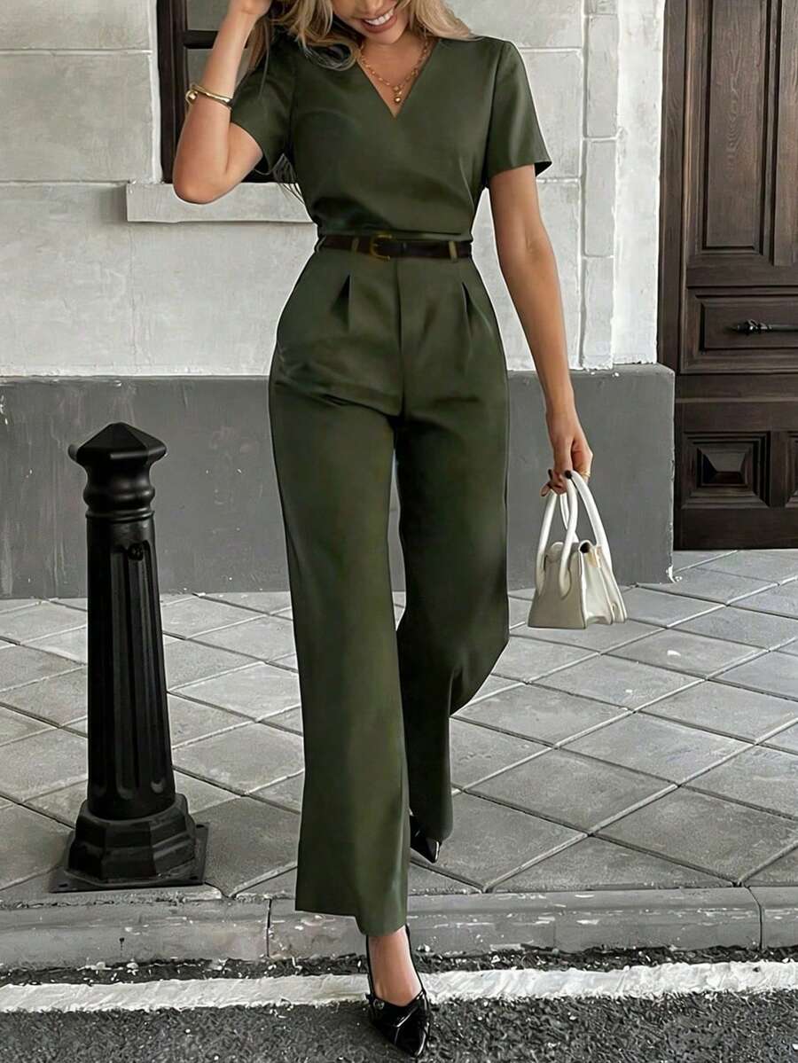 Women's Elegant Casual Outfit With Design Sense, V-Neck T-Shirt + High Waist Straight Leg Pants, Suitable For Daily Commute And Outings, Spring/Summer 2-Piece Set - Green - View 1
