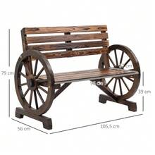 Two-Seater Garden Bench In Brown Fir Wood, Country Style, With Wagon Wheel Shaped Armrests. Dimensions: 105.5 X 56 X 79 Cm. - Brown - View 3
