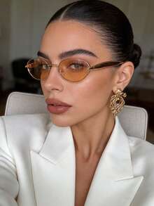 1pc Fashionable Small Frame Retro Streetwear Glasses, Suitable For Women For Autumn/Winter Outings, Travel, Beach, Music Festivals And Daily Wear - Gold Frame Champagne Slice - View 2