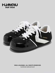 HUANQIU Tênis Femininos Planos, Sapatos Casuais Millennium, Tênis Esportivos Versáteis, Bloco de Cores Preto e Branco, Adequados para Todas as Estações - Preto - Visão 2