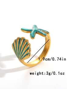 1pc 18K Gold Plated Stainless Steel Bohemian Style Geometric Gold & Blue Enamel Starfish & Shell Adjustable Open Ring, Suitable For Women's Daily Wear And Vacation, Great Gift For Holiday - Multicolor - View 4