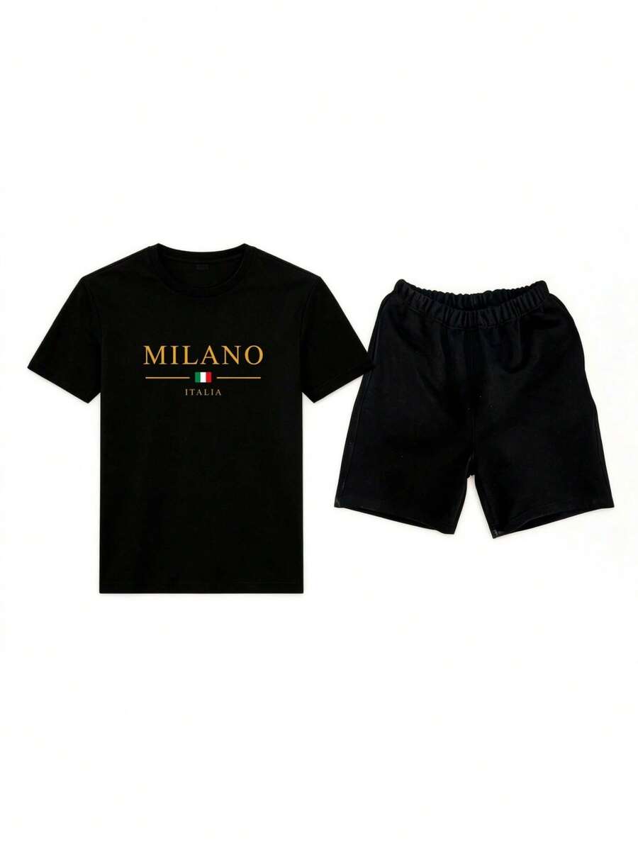 Conjunto masculino estilo italiano minimalista de dos piezas con estampado de letras MILANO en algodón ajuste holgado cuello redondo manga corta primavera verano uso casual set - Negro 2 - Ver 1