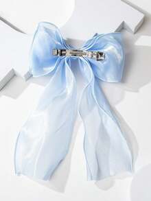 1pc White Mesh Bow Ribbon Barrette, Elegant Butterfly Hair Clip For Women - Blue - View 4