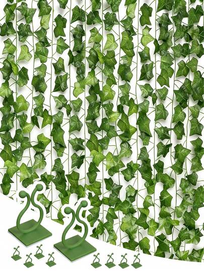 12pcs Artificial Green Leaves Vines With 10pcs Plant Holders, Realistic Hanging Fake Greenery Vines Decor, Suitable For Garden, Wedding, Party, Patio, Staircase, Plant Background, Spring & Summer, Indoor/Outdoor Use