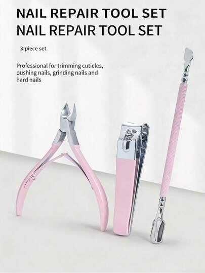 Bộ dụng cụ cắt móng tay chuyên nghiệp, bao gồm kìm cắt da chết (kèm dụng cụ đẩy da chết), dụng cụ đẩy da chết hai đầu bằng thép không gỉ và dụng cụ cạo móng.