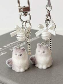 1个植绒小狗小猫玩偶包包挂件钥匙扣，可爱泰迪熊女孩礼物，手机挂绳吊坠 - 白粉紅色 - 查看 1