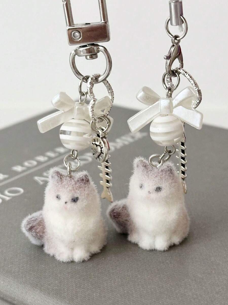 1个植绒小狗小猫玩偶包包挂件钥匙扣，可爱泰迪熊女孩礼物，手机挂绳吊坠 - 白粉紅色 - 查看 1