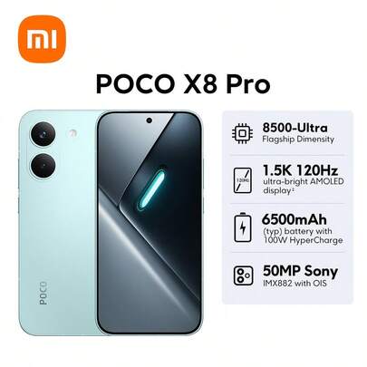 Xiaomi 全球首发小米 POCO X8 Pro 全球版智能手机，支持 NFC，搭载小米 HyperOS 3 系统，采用金属边框，旗舰级品质。搭载天玑 8500 Ultra 八核处理器，最高主频可达 3.4GHz，配备 LPDDR5X 内存和 UFS 4.1 闪存。内置 6500mAh 电池，支持 100W HyperCharge 超级快充，最高支持 27W 反向充电，兼容 PD3.0/PD2.0 快充协议。配备 5.59 英寸 2756 x 1268 分辨率（1.5K）120Hz 超亮 AMOLED 显示屏，搭载 5000 万像素索尼 IMX882 传感器，支持光学防抖 (OIS)。支持 IP68 级防尘防水，并配备蓝牙 6.0。