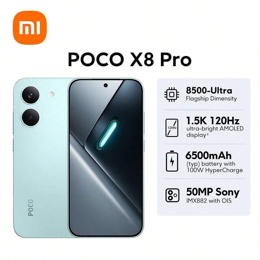 全球首发小米 POCO X8 Pro 5G 智能手机，支持 NFC，搭载小米 HyperOS 3 系统，采用金属机身，旗舰级品质，搭载天玑 8500 超级八核处理器，最高主频可达 3.4GHz，配备 LPDDR5X+UFS 4.1 内存，内置 6500mAh 大容量电池，支持 100W HyperCharge 超级快充，最高支持 27W 反向充电，兼容 PD3.0/PD2.0 快充协议，配备 5.59 英寸 2756 x 1268 分辨率（1.5K）120Hz 超亮 AMOLED 显示屏，搭载 5000 万像素索尼 IMX882 主摄像头，支持 OIS 光学防抖，具备 IP68 级防尘防水，支持蓝牙 6.0。