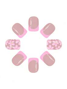 24pcs European Square Short False Nails, Pink Floral Glitter Sweet Square Wearable Press-On Nails, Suitable For Party, Ball And Daily Wear - Pink - View 3