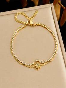 1Pc New Minimalist Versatile Octagram Heart Pendant Full Diamond Chain Stainless Steel Double Layer Bracelet - Gold - View 7