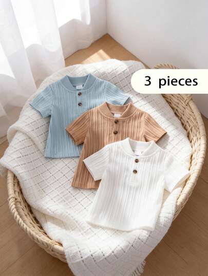 Bộ 3 áo polo tay ngắn kẻ sọc trắng, xanh dương, kaki phong cách tối giản mùa hè, thích hợp cho dạo phố, đi học và mặc hàng ngày.