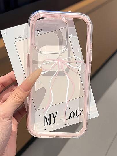 1 pieza Funda de teléfono con protección de lente transparente minimalista de alta gama, anti-caída y anti-colisión, con patrón de lunares rosa y blanco con lazo, personalizada para iPhone 16 Pro Max, 17/16/15/14 Plus/13/12/11, Air