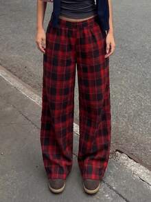 Women's Red & Black Plaid Wide Leg Pants | High Waist Elastic Casual Trousers Suitable For Street Style And Spring Wear - Multicolor - View 4