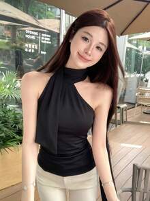 Luxurious Sleeveless Halter Neck Blouse With Ribbon Tie, Elegant French Style For Summer Casual Black - Black - View 6