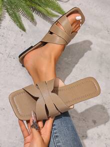 New Spring/Summer Fashion Casual One-Strap Slide Sandals, Comfortable Flat Heel Round Toe Beach Slippers, Versatile Minimalist Slip-On Sandals For Women - Apricot - View 2