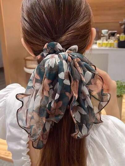 1pc Korean Style Chiffon Five-Petal Flower Hair Scrunchie, Elegant Floral Low Ponytail Hair Tie, Hair Accessory