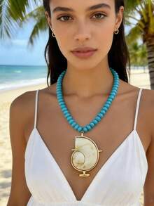 Kalung Rantai Mutiara Liontin Cangkang Resin Wanita ZA | Perhiasan Laut Gaya Bohemian Aneka Warna, Hadiah Paskah, Aksesori Pesta Pantai - Keong resin - View 4